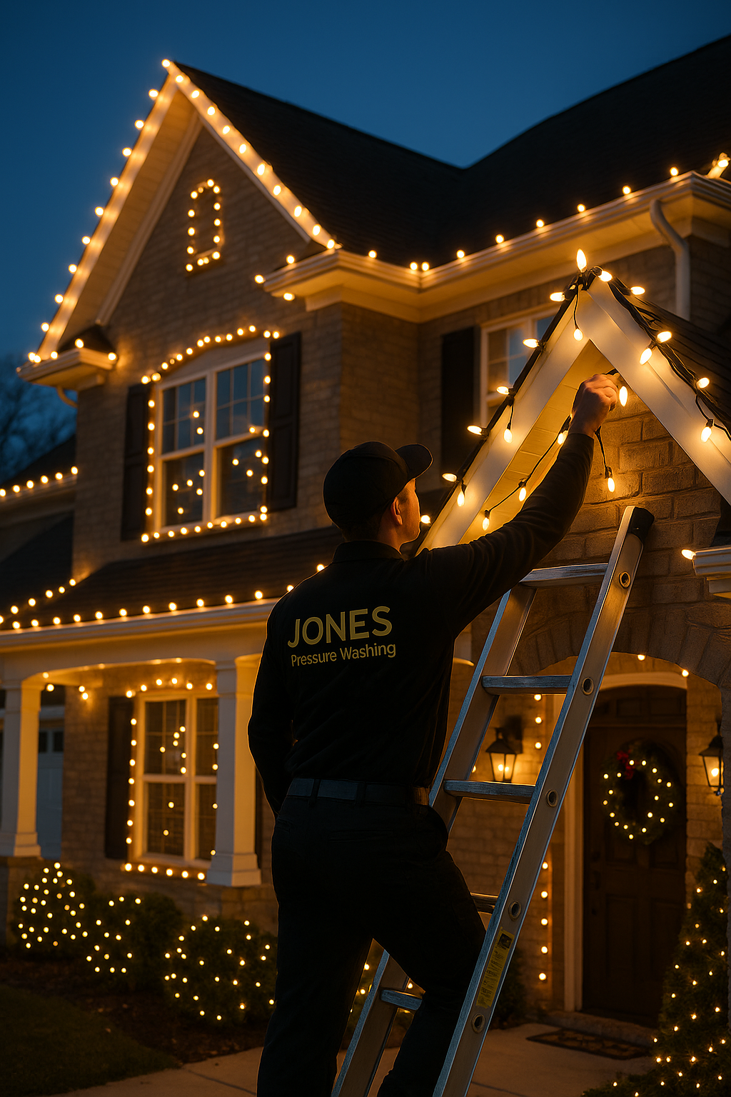 Warm white holiday lights installed along the roofline of a home.